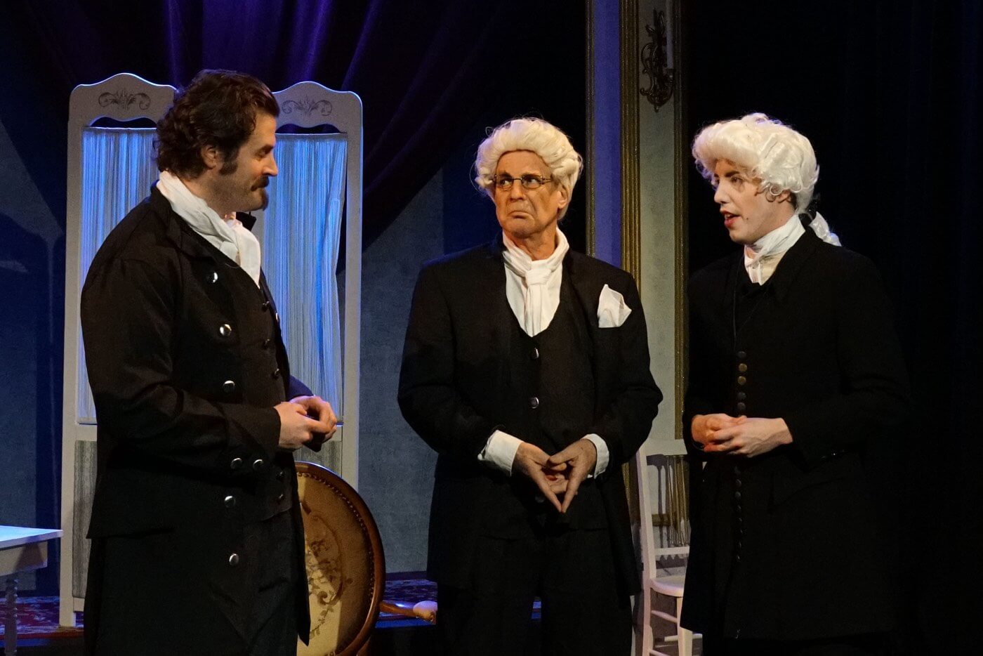 Mesmerized – as Stoerck, with Ingenhousz (Jesse Reich) and Barth (Caleb Streadwick), photo by Craig Robinson, produced by Snowlion Repertory
