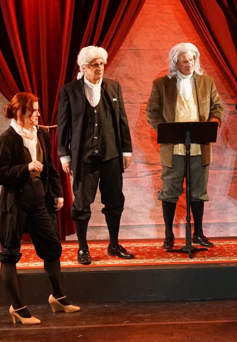 Mesmerized, as Stoerck, with Guillotin (Mary Johnson Letellier) and Ben Franklin (Bill Vaughan), photo by Craig Robinson, produced by Snowlion Repertory