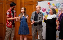 A COMEDY OF ERRORS - Aegeon, with KoDee Martin, Linda Elizabeth and Eileen Glenn, photo by John Hoffman